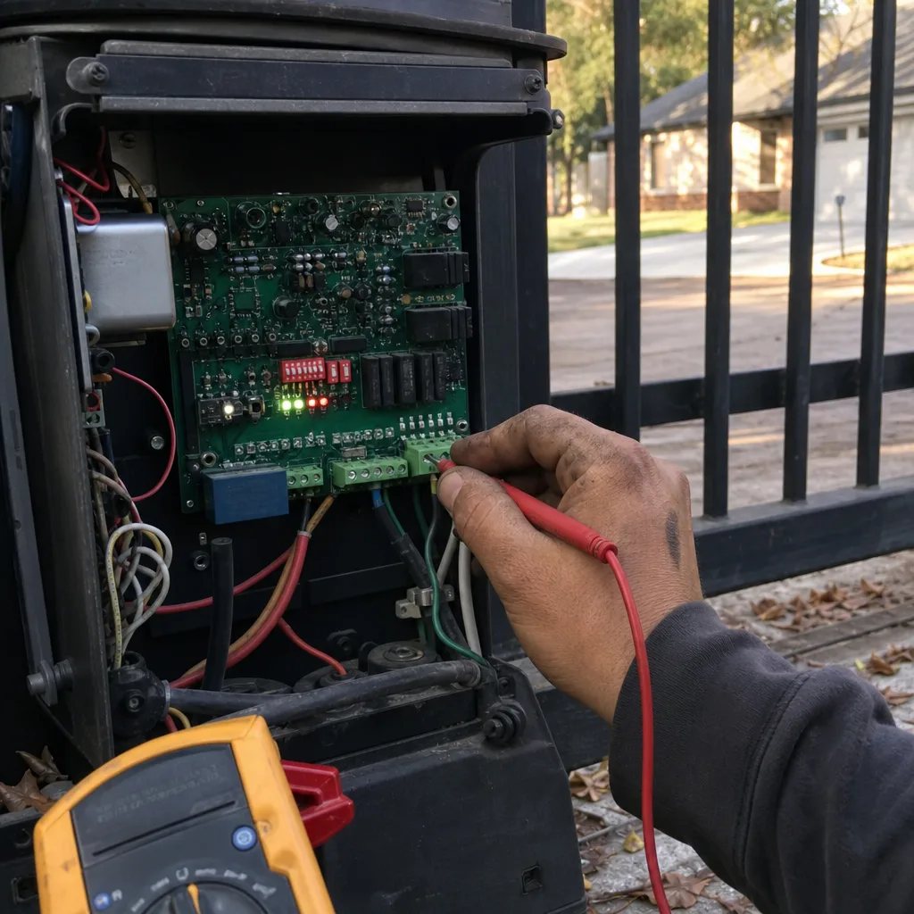 Technician using a multimeter to repair an automatic gate motor control board