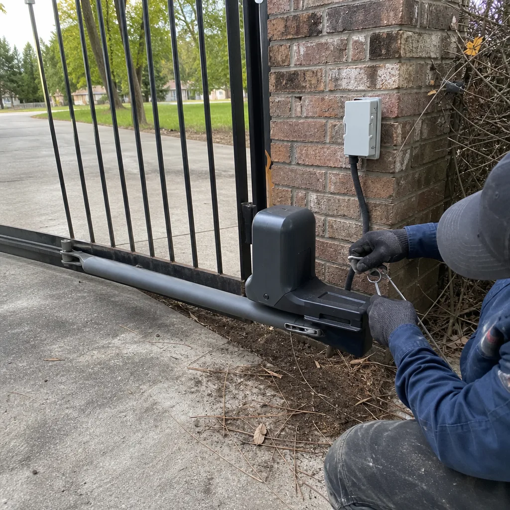 Technician performing gate motor repair and automatic opener maintenance