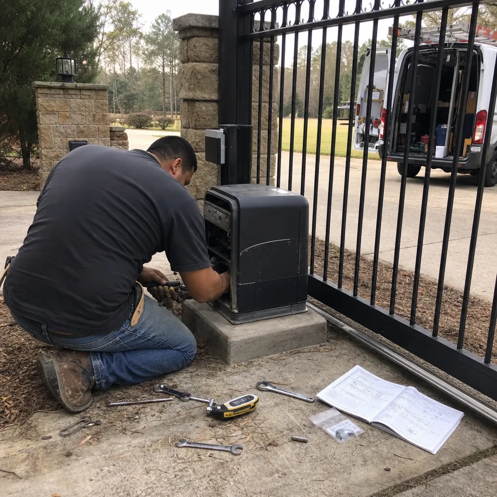 Technician performing professional gate motor and operator repair service