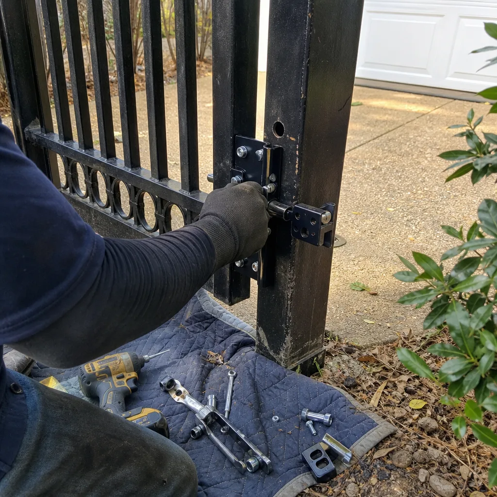 Technician performing professional gate latch repair and maintenance