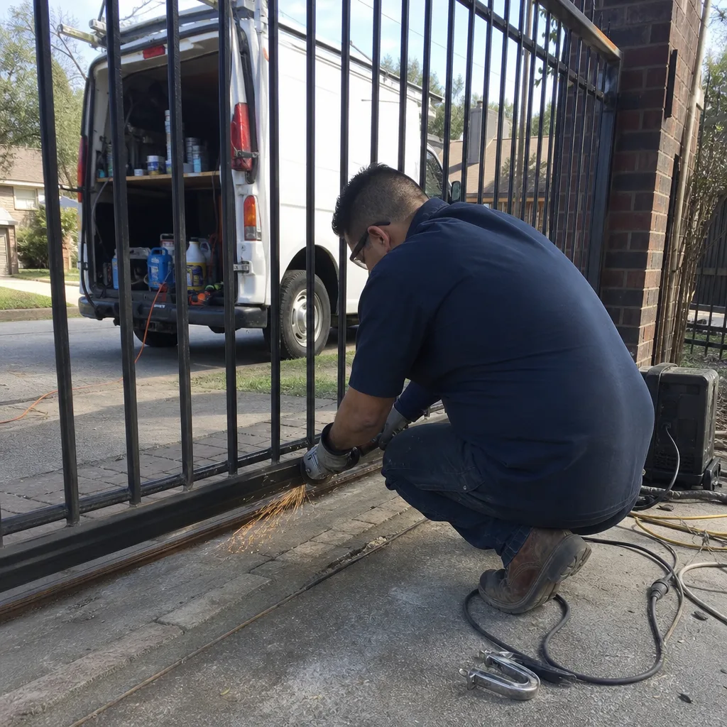 Technician using an angle grinder to perform professional metal gate repair